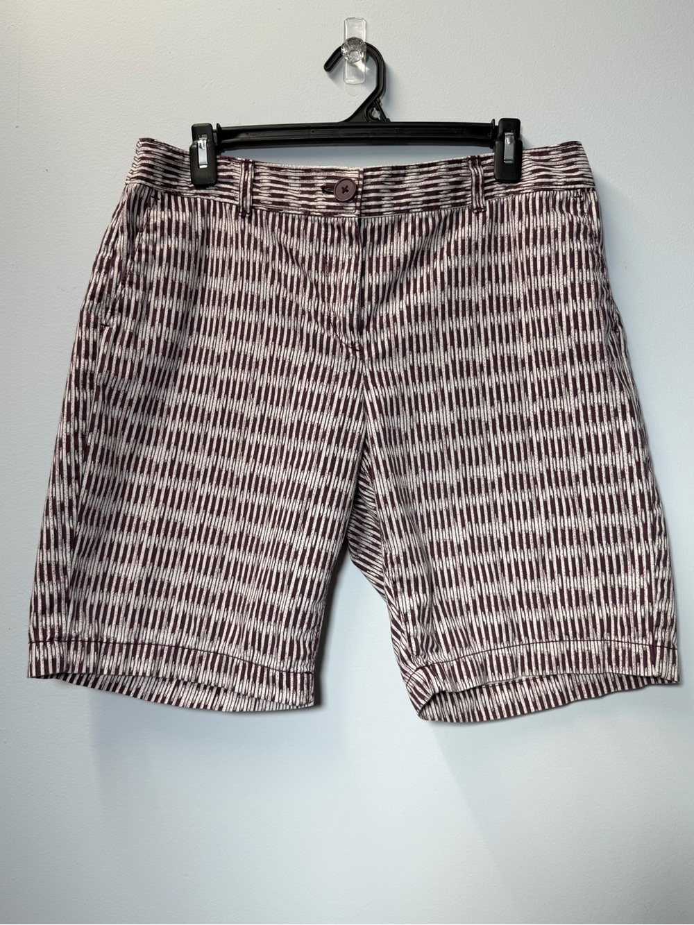 Ann Taylor LOFT Burgundy and Cream Textured Cotton Chino Bermuda Shorts